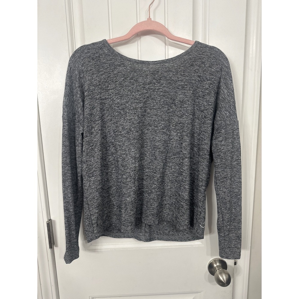 Beyond Yoga Space Dye Long Sleeve Top Grey Deep V Back Crisscross Straps Women